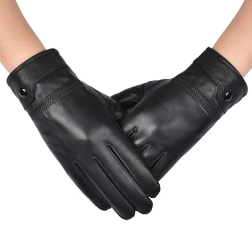 Long Keeper Mens Leather Gloves Lined Soft Black Winter Warm Gloves for Men Genuine Leather Driving Running Motorcycle Lined Gloves, One Size