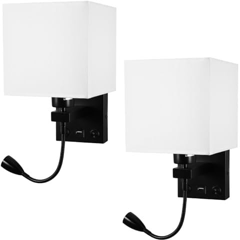 Wall Lamp with USB and Swing Arm LED Spotlight, with ON/Off Toggle Switch Wall Light with Stainless Steel Storage Tray and Button Switch, E27 Holder, Wall Sconces Living Room Bedroom (Black-2 Pack)