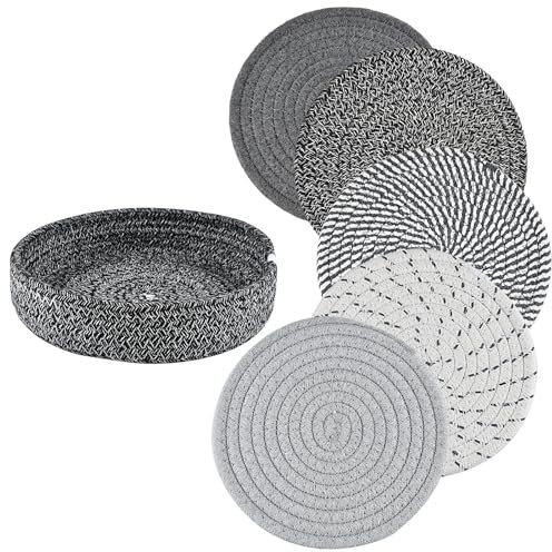 5 Pièces Dessous de Plat en Fil de Coton,Dessous De Plat Ronds Tressés Tapis Porte Casseroles, 5 Couleurs - Ronds tressés - pour casseroles, poêles et Assiettes