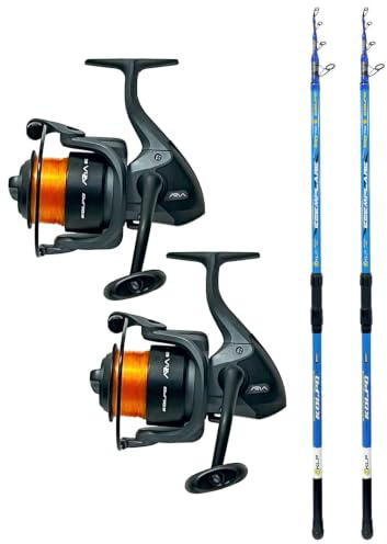 Kolpo kit combo surfcasting con due canne da pesca + 2 mulinelli con filo kit adatto per la pesca in mare di orate spigole mormore serra