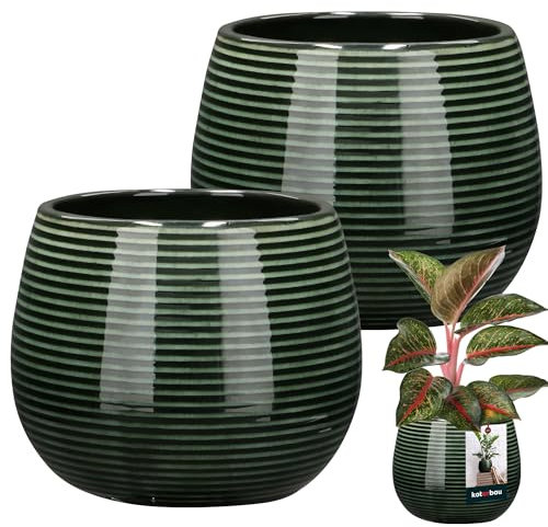 KOTARBAU® Blumentopf Dunkel Grün Keramik rund ⌀ 12 cm Höhe 14 cm Glasierte Keramik 2 St. Blumenübertopf groß Übertopf Keramik Pflanztopf Keramik Blumentopf Keramik Pflanzkübel Keramik