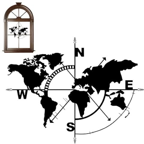 Wanddekoration, Weltkarte aus Metall, Kompass-Design mit Metall-Silhouette, künstlerische Wanddekoration mit Weltkarte, Wandkunst für Zuhause, Büro,