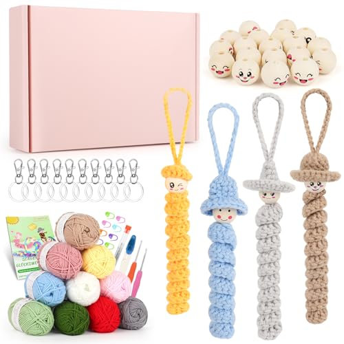 Coopay Sorgenwürmchen Häkelset, Häkel Set für Glückswürmchen mit 10 Bunt Häkelgarn, Glückswürmchen Häkeln Lernen mit 50 Stk Holzkugeln mit Gesicht und Anleitung, Worry Wroms Häkel Set