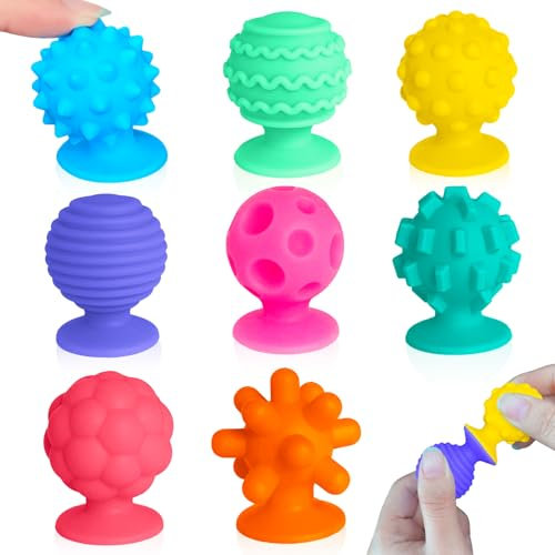 Yeefunjoy 8 Pièce Jouets à Ventouse, Silicone Jouets de Bain Éducation Sensoriels Interactifs Jouets Montessori Jouets à Ventouse avec Différentes Textures Sac de Rangement Cadeau pour Enfants Adultes