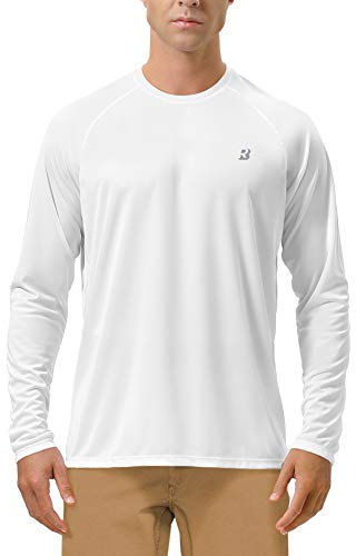 Roadbox Men's UPF 50+ UV Sun Protection Shirts, Long Seleeve Swim Rash Guard Quick Dry, SPF Breathable Gym T-Shirt for Running Hiking Fishing White