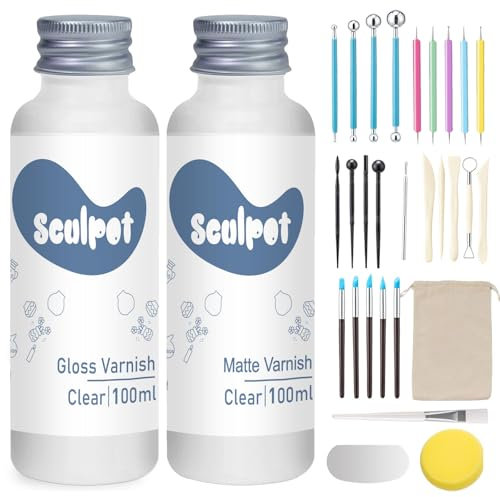 Kit de 30 Herramientas Arcilla con Barniz Arcilla Secado al Aire, 2 x 100 ml de Esmalte de Arcilla Mate Brillante, Resistente a Los Arañazos, Impermeable, Herramientas Ceramica para Esculpir Modelar