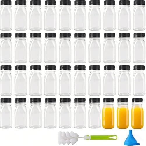 MAHIONG 40 PCS 4oz Plastic Juice Bottles, 120 ml Small Shot Bottle Shot Bottles with Lids for Milk, Water, Juices, Beverages