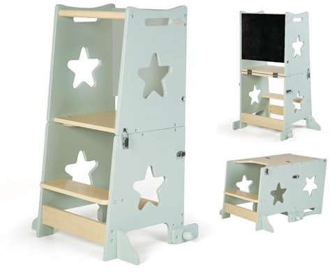ms BabyWorld – Learn Up – Torre de Aprendizaje Montessori | Convertible en Escritorio con Pizarra y Taburete | Madera Maciza | Barra de Seguridad | Plegable
