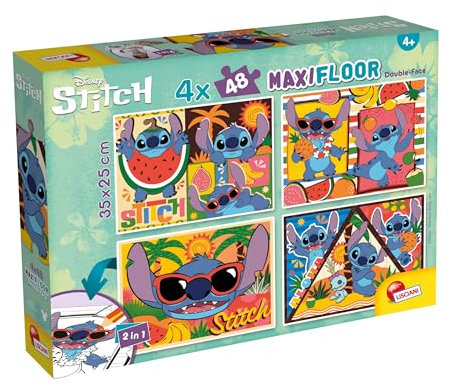 Lisciani - Puzzle Disney LILO & Stitch Maxifloor - 4x48 Teile - Doppelseitig für Kinder ab 4 Jahren - Rückseite mit Ausmalszenen - Format 35x25 cm - Kreatives Spiel - Geschenkidee zum Geburtstag