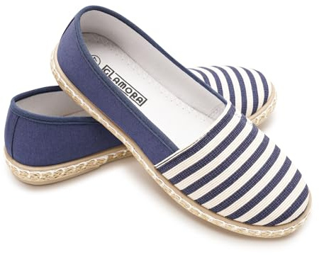 GLAMORA Alpargatas Mujer Lona a Rayas, Bailarinas Esparto Mujer Suela Goma Antideslizante, Manoletinas Planas Verano Comodas, Zapatos Slip On Mujer Ligeros Transpirables Calzado Verano Mujer navy-37