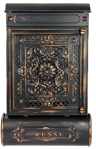 HMF 512-20 Briefkasten Antik mit Zeitungsfach, Vintage Postkasten aus Aluguss | 57 x 35 x 10 cm | Schwarz-Kupfer