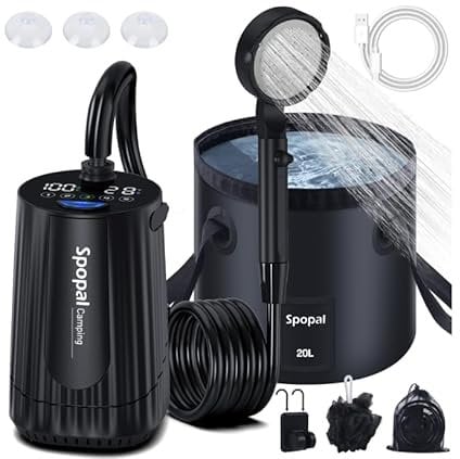 Spopal Camping Douche Portable, [Imperméable] Kit Douche de Camping,Rechargeable,10000mAh, avec Seau Pliable 20L,Afficheur Intelligent et Pomme de Douche 4 Modes pour Extérieure,Camping