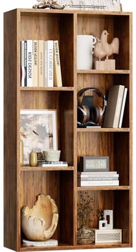 iSunirm Bücherschrank, Bücherregal, mit 7 Fächern, Büroregal, Würfelregal, Standregal, für Wohnzimmer, Schlafzimmer, Büro, Kinderzimmer, Braun