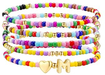 TINGN 5 Stück Bunte Perlen Armband Damen Mädchen Handgefertigt Perlen Armband mit Buchstaben Boho Herz Armbänder Stapelbare Armbänder Set Personalisierte Geschenke für Frauen Teenager Mädchen Schmuck
