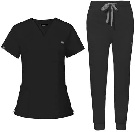 NiaHin 2026 Scrubs Uniforms Women Set with 11 Pockets, 4-Way Stretch V-Neck Scrub Top & Jogger Pants, Beauty Tunic, Nurses Uniform, Medical Work Wear for Healthcare Hospital/Dental Practice - Unisex