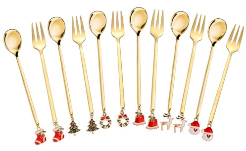 Mulaibdin 12 Stk Weihnachtslöffel & Kuchengabeln, Gold Weihnachtsbesteck, Dessertlöffel Edelstahl, Llatte Macchiato Löffel mit Weihnachtsanhänger, Teelöffel Kaffeelöffel für Weihnachten Geschenke