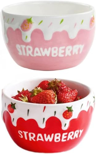 Lnwwrv 2er-Pack 16 OZ Große Keramik-Schalen mit Erdbeer-Design – Mikrowellengeeignete, niedliche Schalen für Dessert, Snacks, Obst, Joghurt, Müsli & Suppe