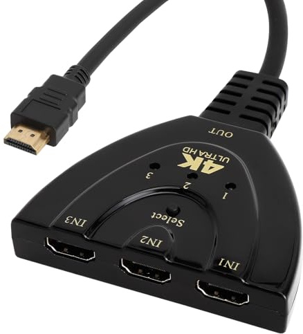 TNSLAND 4K Conmutador HDMI Splitter, UHD 3 Entradas 1 Salida con Botón Manual, HDMI 3 en 1 para TV, PS5 PS4 PS3, Xbox, PC, BLU-Ray, Cable Integrado 55 cm, Plug & Play, No Bidireccional, Claro Suave