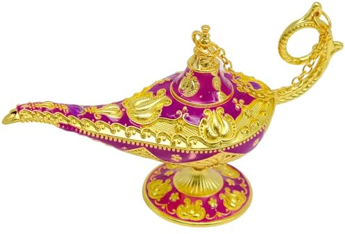 Fahibin Aladdin Lampe,Magische Genie Öllampe, Vintage Aladdin Magic Genie, Metall geschnitzt Hollow Legend Lampe,Lila + Gold 11cm x 6.5cm