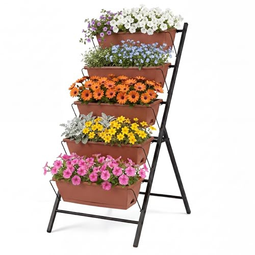 HOMASIS Jardinière Verticale Surélevée, Jardinière sur Pied à 5 Niveaux avec Bacs à Fleurs, Trous de Drainage, Cadre Métallique Solide, Structure Verticale d’Échelle, Potager pour Jardin (Rouge)