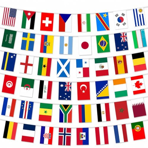 48 Länder Fahnen Wimpelkette für 2026 WM, 48 Länder Beidseitig Stoff Euro Flaggenkette, Olympia Deko Wimpel Girlande Banner für 2026 WM Fußball, EM Eurovision, Olympische