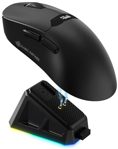 A.JAZZ x Magic-Refiner R1 Mouse Gaming con base di ricarica magnetica,Nero | Bluetooth/2.4G Wireless/Cablato,Mouse con schermo display,Risoluzione fino a 25000 DPI,Sensore gaming PixArt PAW3311
