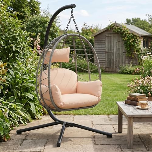 Hängesessel Mit Gestell Outdoor Bis 150 kg Belastbar, Rattan Hängesessel Mit Metallgestell, Inkl. Wetterfester Schutzhülle, Klappbarer Hängekorb Für Garten Terrasse Balkon Beige