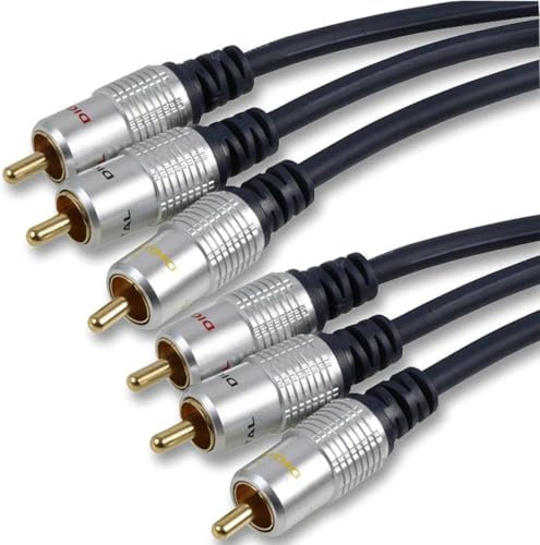 rhinocables - OFC Triple RCA Cable | Gold-Plated Connectors for Enhanced Audio | Compatible with RCA Phono Leads | Durable Zinc Alloy Design | Ideal for AV Systems, Gold, 1m