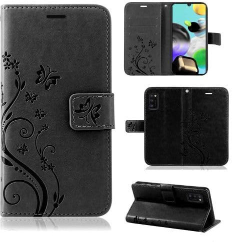 Hülle Kompatibel mit Samsung Galaxy A7 2018 SM-A750 | Premium PU Leder Handyhülle Wallet Case | Schutzhülle Blumen Klapphülle Handyhülle | Schwarz