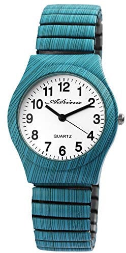 Adrina Damen-Uhr Edelstahl Zugarmband hellbau große Ziffern Länge 18 cm Durchmesser 34 mm Breite 18 mm Geschenke für Frauen