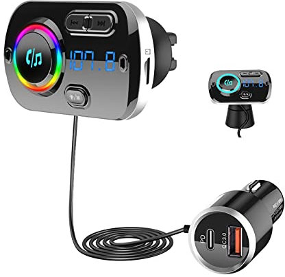 Bluetooth 5.3 FM Transmitter, SONRU Bluetooth Adapter Auto mit Freisprechanlage, [30W PD & 18W QC3.0] Schnelles Autoladegerät mit LED Farblicht Unterstützungs Aux Ausgang und TF Karte