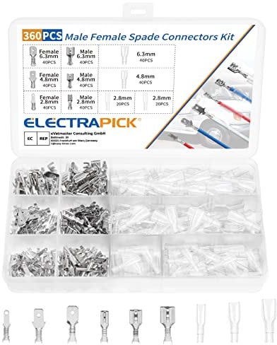 electrapick 360s Electrical Wire Connector Male Female Spade Connectors Wire Crimp Terminal Block with Insulating Sleeve Kit (2.8 mm 4.8 mm 6.3 mm)