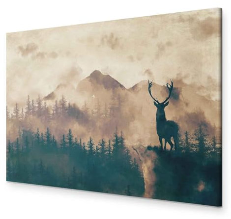 murando - Tableau décoratif paysage 120x80 cm - Impression sur toile colorée - Décoration murale pour salon et chambre - Arbres montagnes cerf paysage forêt brouillard animaux c-A-0210-b-a