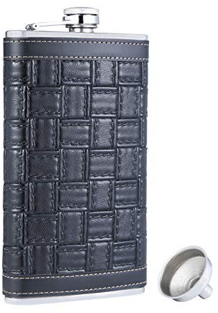 TANEAXON 12 oz Square Pattern Pocket Whiskey Liquor Leather Wrapped Flask with Funnel and Box - Stainless Steel and Leak Proof