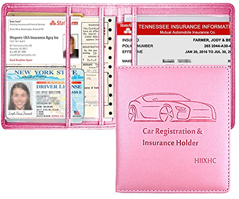 Car Registration and Insurance Card Holder - Leather Vehicle Glove Box Automobile Documents Paperwork Wallet Case Organizer for ID, Driver's License, Key Contact Information Cards - Men&Women, Pink,