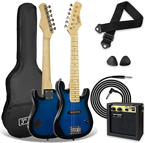 3rd Avenue Pack de guitarra eléctrica de tamaño 3/4 para niños principiantes de 3rd Avenue, amplificador portátil de 5 W, cable, funda de transporte, púas y correa, Azul