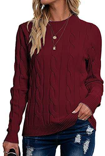 Breampot Women Cable Knit Jumper Casual Basic Long Sleeve Pullover Sweater Tops(Wine,Large)