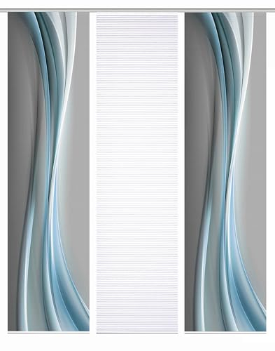HOME in green 84070 ELANIA Schiebegardine aus recyceltem Polyester, halbtransparent, Farbe:Mint, Größe:245 x 60 cm, Anzahl:3er-Set (2X Motiv. 1x Uni)