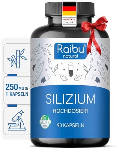 Raibu Silizium Kapseln hochdosiert - 90 Kapseln für 3 Monate - 667mg - organisches Silica hochdosiert aus Bambusextrakt - Ohne Zusätze, in Deutschland produziert Vegan