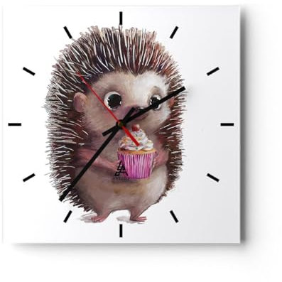 Modern Wanduhr Igel Cupcake Kinder 30x30cm Quadrat Klein Wand Uhr Glas Analog Zimmeruhren Küche Büro Wohnzimmer Glasuhr Wall Clock Dekoration Design Wanddekoration Küchenuhr C3AC30x30-4769