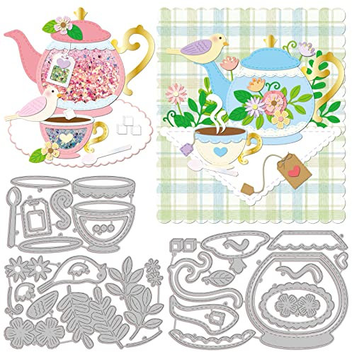 GLOBLELAND Afternoon Tea Cutting Dies Metal Teapot Teacup Bird Die Cuts Embossing Stencils Template for Paper Card Making Decoration DIY Scrapbooking Album Craft Decor
