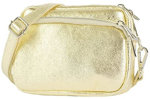 modamoda de - T231 - ital. Umhängetasche Klein Small aus Leder, Farbe:Lightgold Metallic