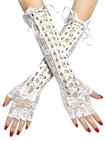 COSFAN Frauen Lace Up Handschuhe, Lange Ellenbogen Fingerlose Handschuhe, Kreuz Bandage, Punk Gothic Lolita Handschuhe, Hochzeit Braut Tanz Oper Party Kostüm