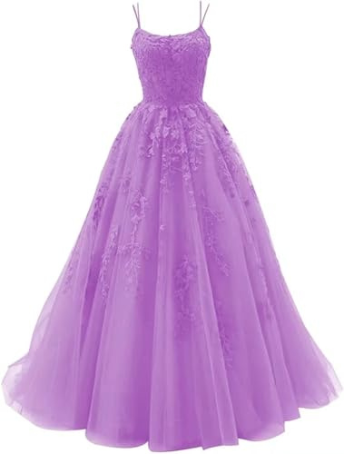 Sincemeet Damen Ballkleid aus Tüll mit Spaghettiträgern Lange Spitzenapplikationen Ballkleider A Linie formelle Party Abendkleider Ballkleider Damen Lang