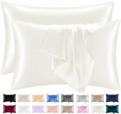 Lazzaro Satin Silk Pillowcases for Hair and Skin - Hypoallergenic Silk Pillow Cases 2 Pack with Envelope Closure - Ultrasoft Standard Size Ivory Silk Pillowcases (50 x 75 cm)