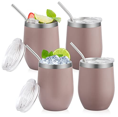 RHtvrll 4 Stück Weinbecher Edelstahl, 12 Oz/ 350ml Thermobecher Travel Mug mit Deckel und Strohhalm Kaffeebecher für Champagner, Kaffee, Weingläser aus Edelstahl (champagne)