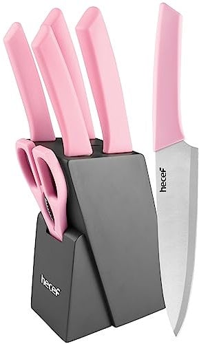 hecef Set Coltelli da Cucina, 7 Pezzi Coltelli da Cucina Professionali con Ceppo Coltelli in Legno e Forbici da Cucina, Set Coltelli in Acciaio Inox per Tritare, Affettare e Tagliare (Rosa)