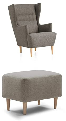 Traumnacht Ohrensessel Lukas, bequemer und moderner Relaxsessel, Polstersessel für Wohnzimmer und Esszimmer, produziert nach deutschem Qualitätsstandard, hellbraun + passender Fußhocker, hellbraun