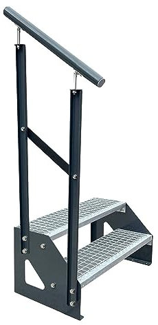 Kaminbau Mierzwa Premium Treppe Anthrazit Freistehend 2 Stufen(Verzinkt) Geländer Links (Breite 1400 mm) (Höhe 38cm) Wetterfest Gitterroststufe Gartentreppe