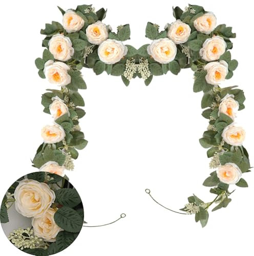 HanYun 2 Stück Künstliche Blumengirlande, Rosen Seidenblumen Girlande künstliche Blumen für blumengirlande Hochzeit Blumenwand Hochzeit Party Home (Champagner)